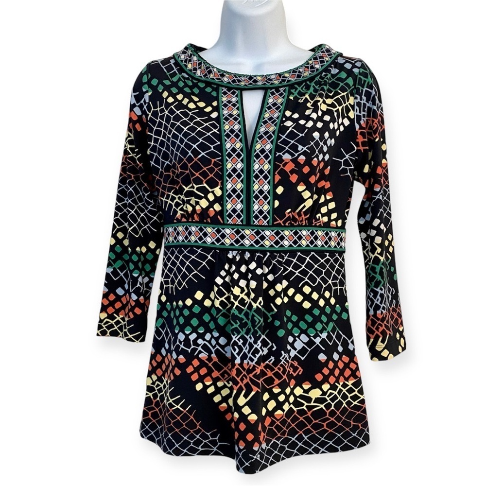 BCBGMaxAzria Multicolor Geometric Print Tunic Blouse Long Sleeve Size XS